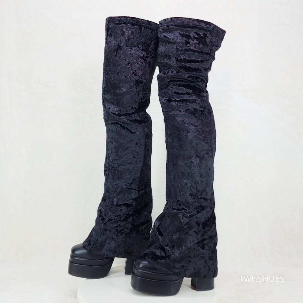 Unique Thigh High Black Velvet Fold over Skirted Chunky Heel Platform Boots - Picture 6 of 17